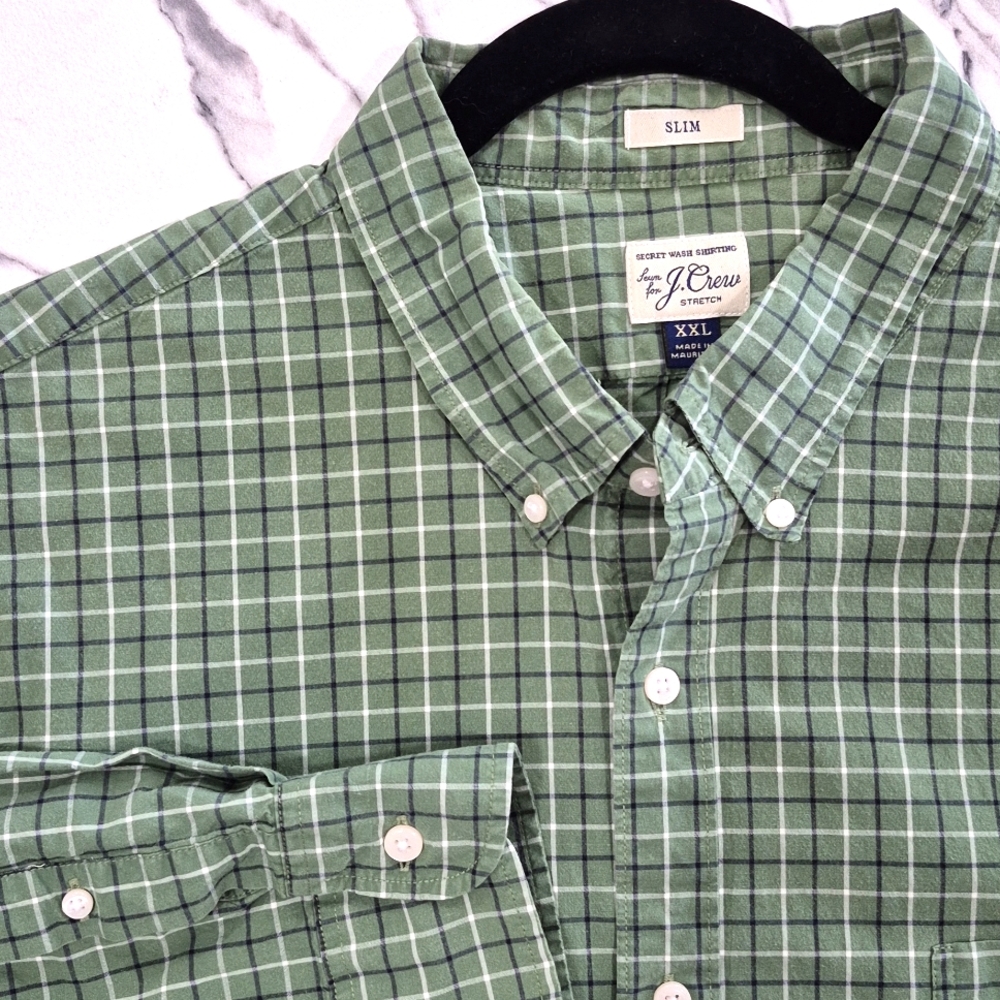 J. Crew Slim Stretch Secret Wash Long Sleeve Button Down Shirt, XXL Green Check